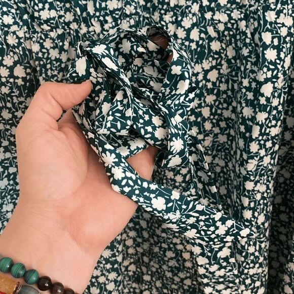 Like New Ruched Mock Neck White Floral Print Teal Midi Dress - Picture 9 of 11